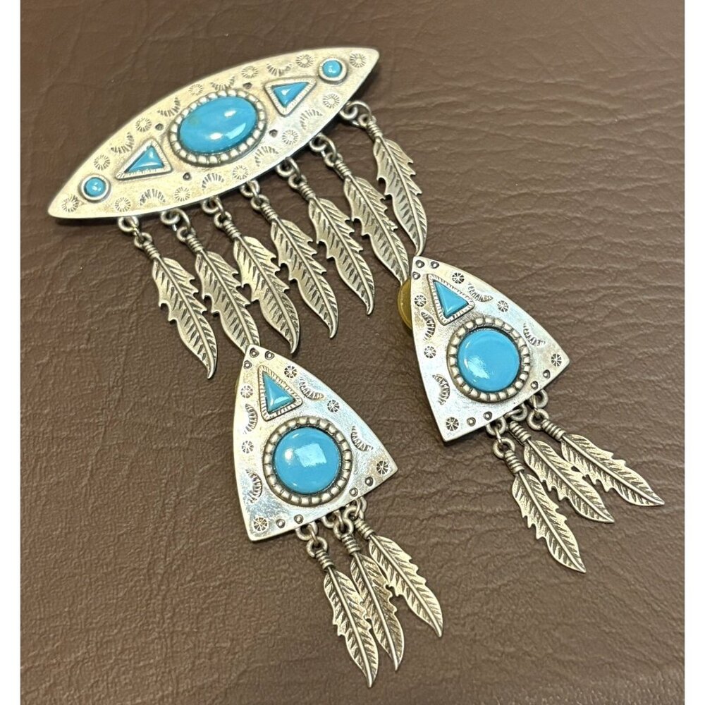 VTG JJ Southwest Dangle Feathers Jonette 1988 Faux Turquoise Brooch Earrings Set